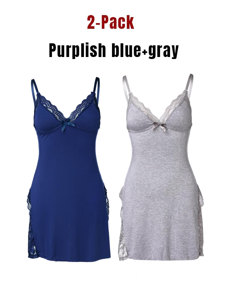 CHICME Women's Lace Trim Side Slit Modal Cami Sleep Dress Loungewear Cute Night Gowns for Women: 2-pack Blue+gray X-Large