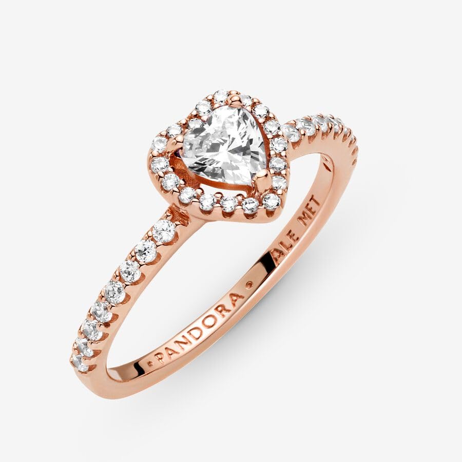 Pandora Sparkling Elevated Heart Ring - Rose Gold Ring for Women - Layering or Stackable Ring - Gift for Her 14k Rose with Cubic Zirconia - With Gift Box: Clear 7