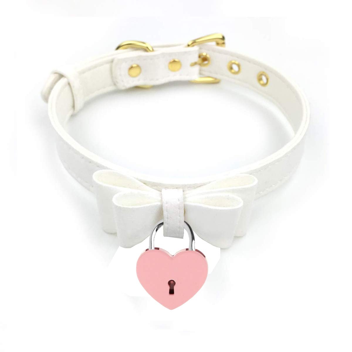 LEWECEEO Women Heart Lock Collar Necklace Choker with Bell Bow Cosplay Necklace