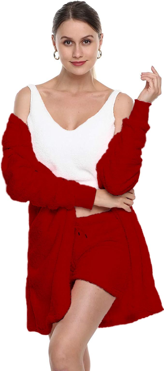 VNVNE Womens Sexy Fuzzy Warm Sherpa Fleece 3 Piece Outfit Fleece Coat Jacket Outwear and Spaghetti Strap Crop Top Shorts Set: Large Red