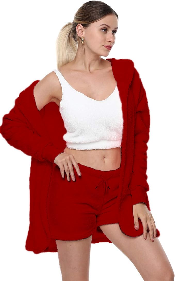 VNVNE Womens Sexy Fuzzy Warm Sherpa Fleece 3 Piece Outfit Fleece Coat Jacket Outwear and Spaghetti Strap Crop Top Shorts Set: Large Red