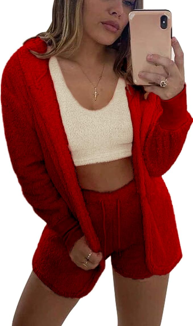 VNVNE Womens Sexy Fuzzy Warm Sherpa Fleece 3 Piece Outfit Fleece Coat Jacket Outwear and Spaghetti Strap Crop Top Shorts Set: Large Red