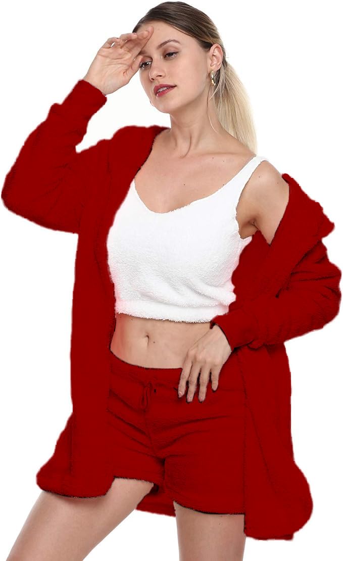 VNVNE Womens Sexy Fuzzy Warm Sherpa Fleece 3 Piece Outfit Fleece Coat Jacket Outwear and Spaghetti Strap Crop Top Shorts Set: Large Red