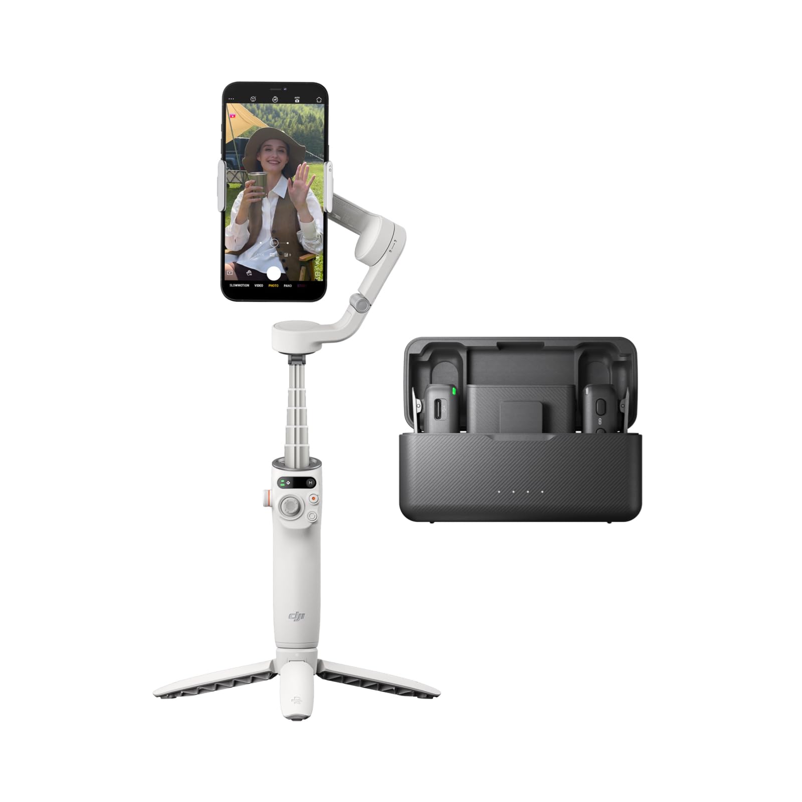 DJI Osmo Mobile 6 Gimbal Stabilizer for Smartphones, 3-Axis Phone Gimbal, Built-In Extension Rod, Object Tracking, Portable and Foldable, Vlogging Stabilizer, YouTube TikTok, Slate Gray: DJI Osmo Mobile 6 Premium Vlogging Combo, 3-Axis Phone Gimbal, Object Tracking, Built-in Extension Rod, Android and iPhone Stabilizer, Platinum Gray, with a DJI Mic (2 TX + 1 RX + Charging Case)