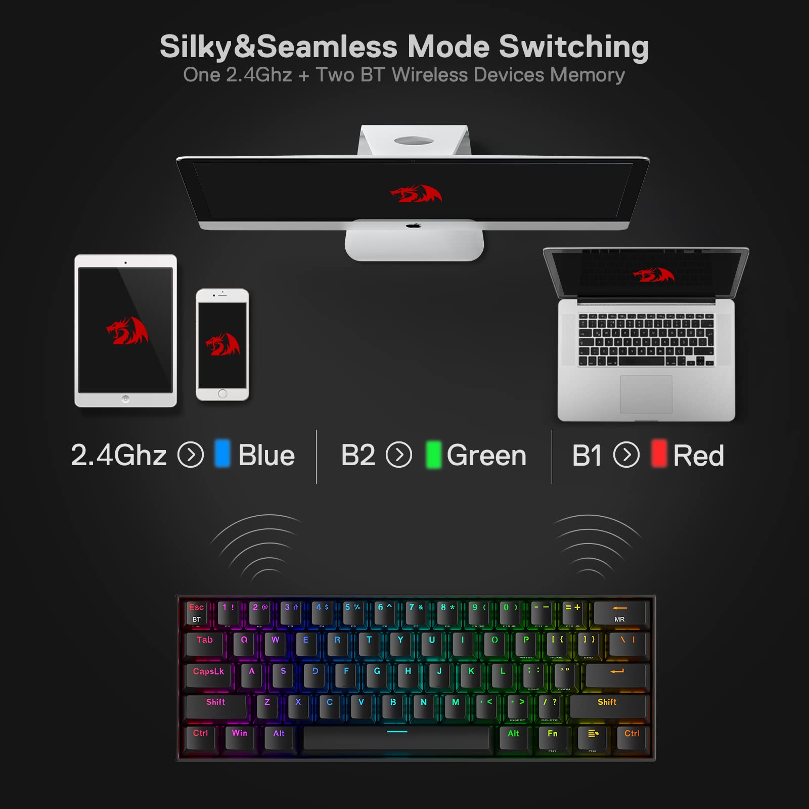 Redragon K530 Pro Draconic 60% Wireless RGB Mechanical Keyboard, BT/2.4Ghz/Wired 3-Mode 61 Keys Compact Gaming Keyboard w/Hot-Swap Socket, Free-Mod Plate Mounted PCB & Clicky Blue Switch