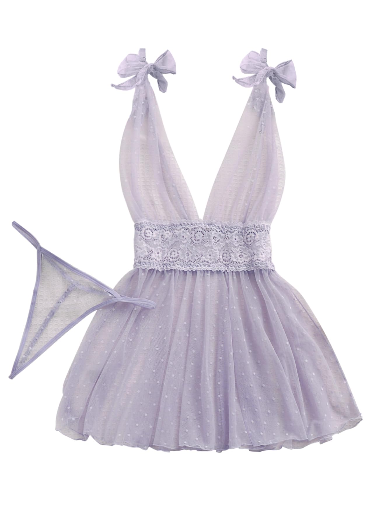 Lilosy Sexy Polka Dots Mesh Sheer Lace Babydoll Chemise Lingerie Set Floral Sleep Wear: Large Lavender Purple