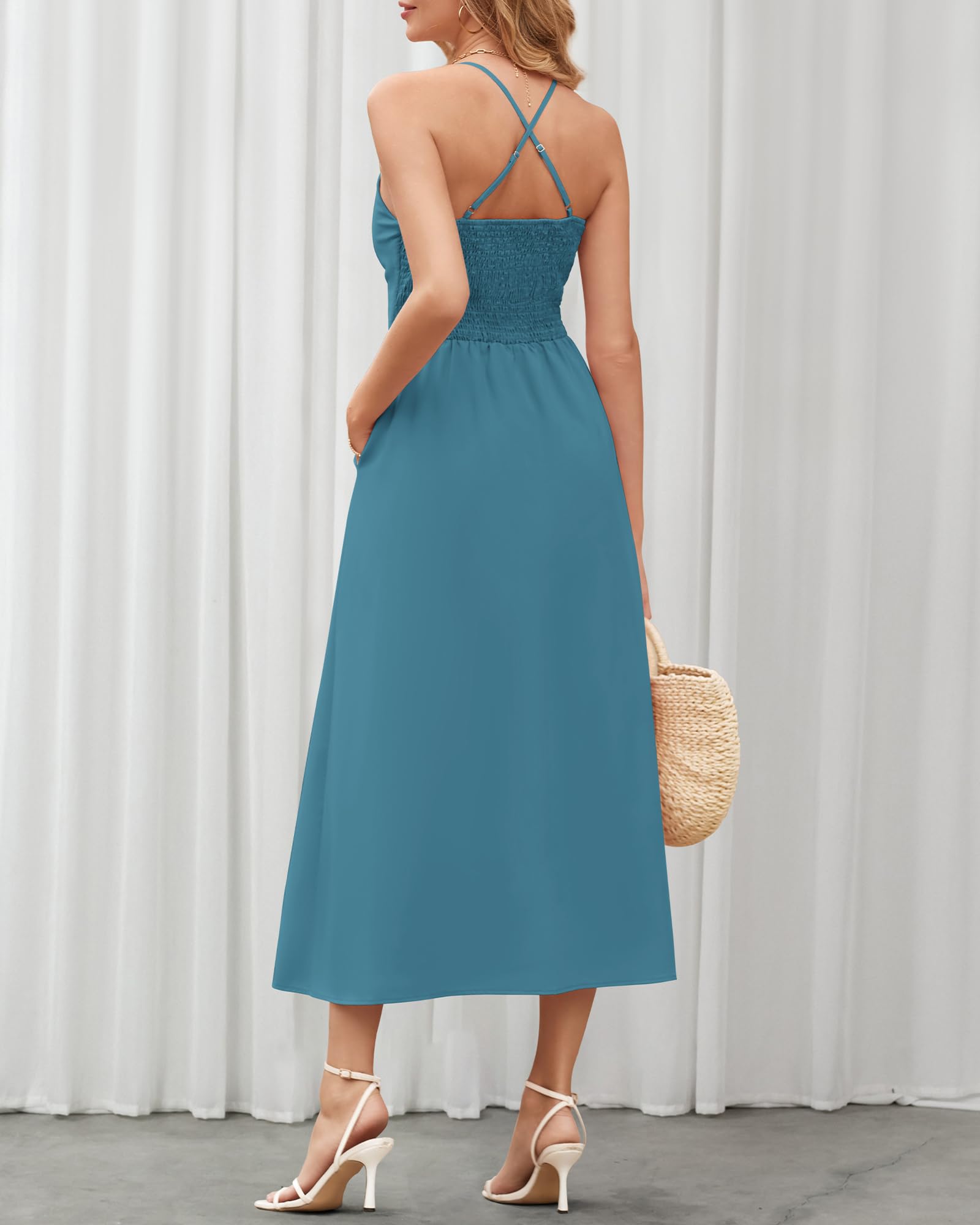 BTFBM Spaghetti Strap V Neck Midi Dress Maxi Dresses, Cutout Slit Casual
