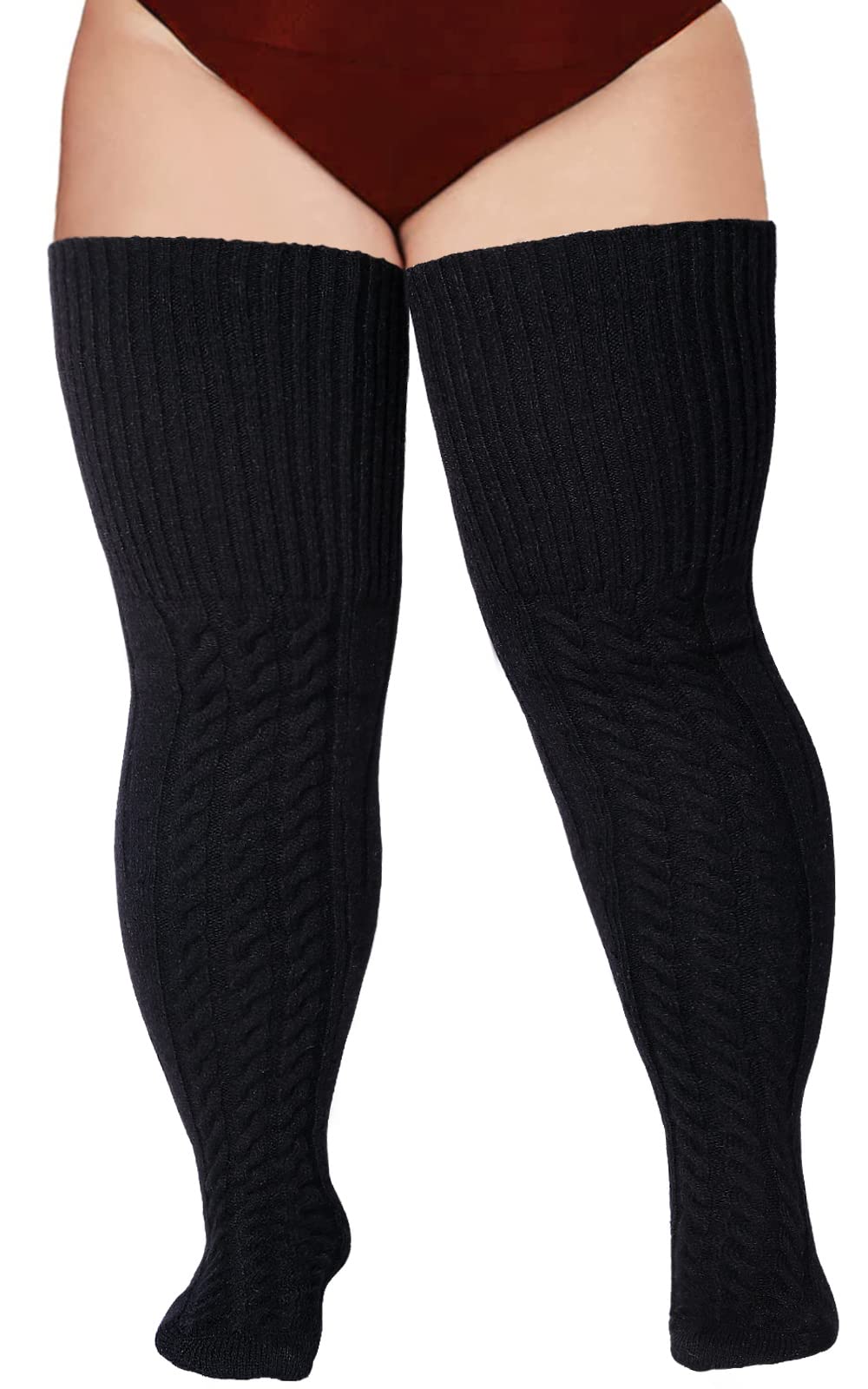 Wool Plus Size Thigh High Socks For Thick Thighs- Extra Long Womens Warm Cable Knit Over Knee Stockings Leg Warmers: One Size Plus Black