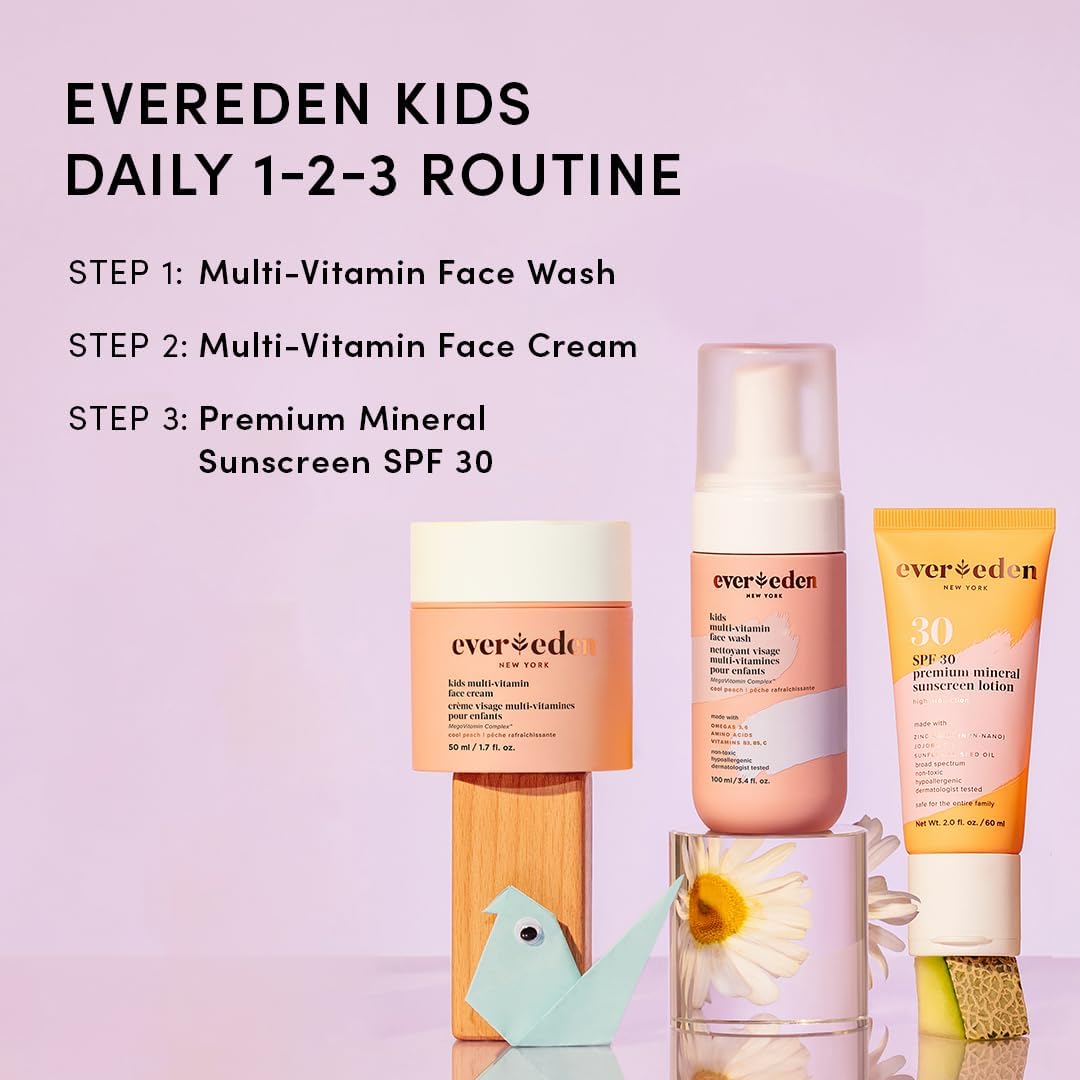 Evereden Daily 1-2-3 Routine Bundle: Clean & Vegan Skin Care Set for Kids - Hydrating & Nourishing Tween Skincare Set with Multi-Vitamin Face Wash, Face Cream, Lotion, & SPF 30 Mineral Sunscreen
