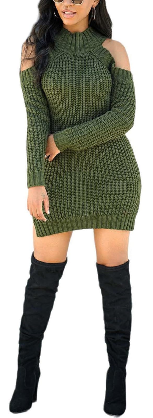 Sweater Dresses for Women Casual Sexy Off Shoulder Long Sleeve Knit Pullover Winter Pullover Dress: Large Knit/Army Green