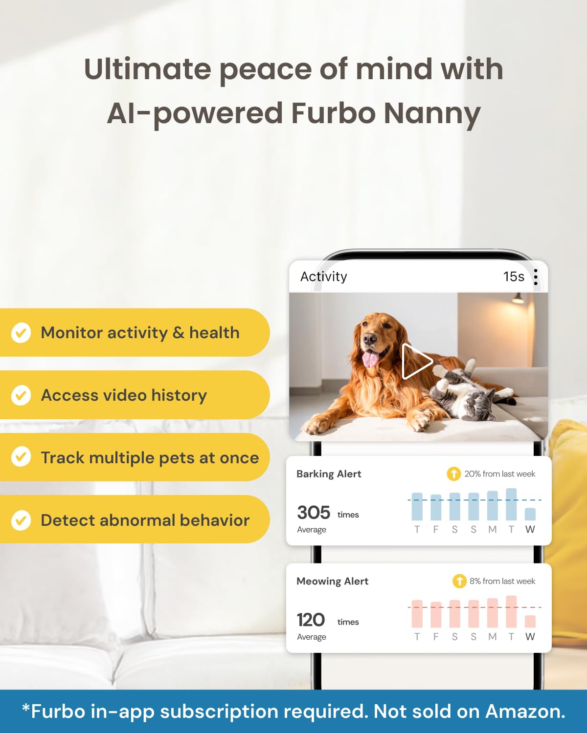 Furbo 360° Dog Camera - Unlock with Paid Plan: Home Security & Dog Safety Alerts, Rotating Pet Treat Dispenser w/ 2-Way Speaker, Smart Indoor Cam w/Phone App (3mo Minimum Subscription Required)