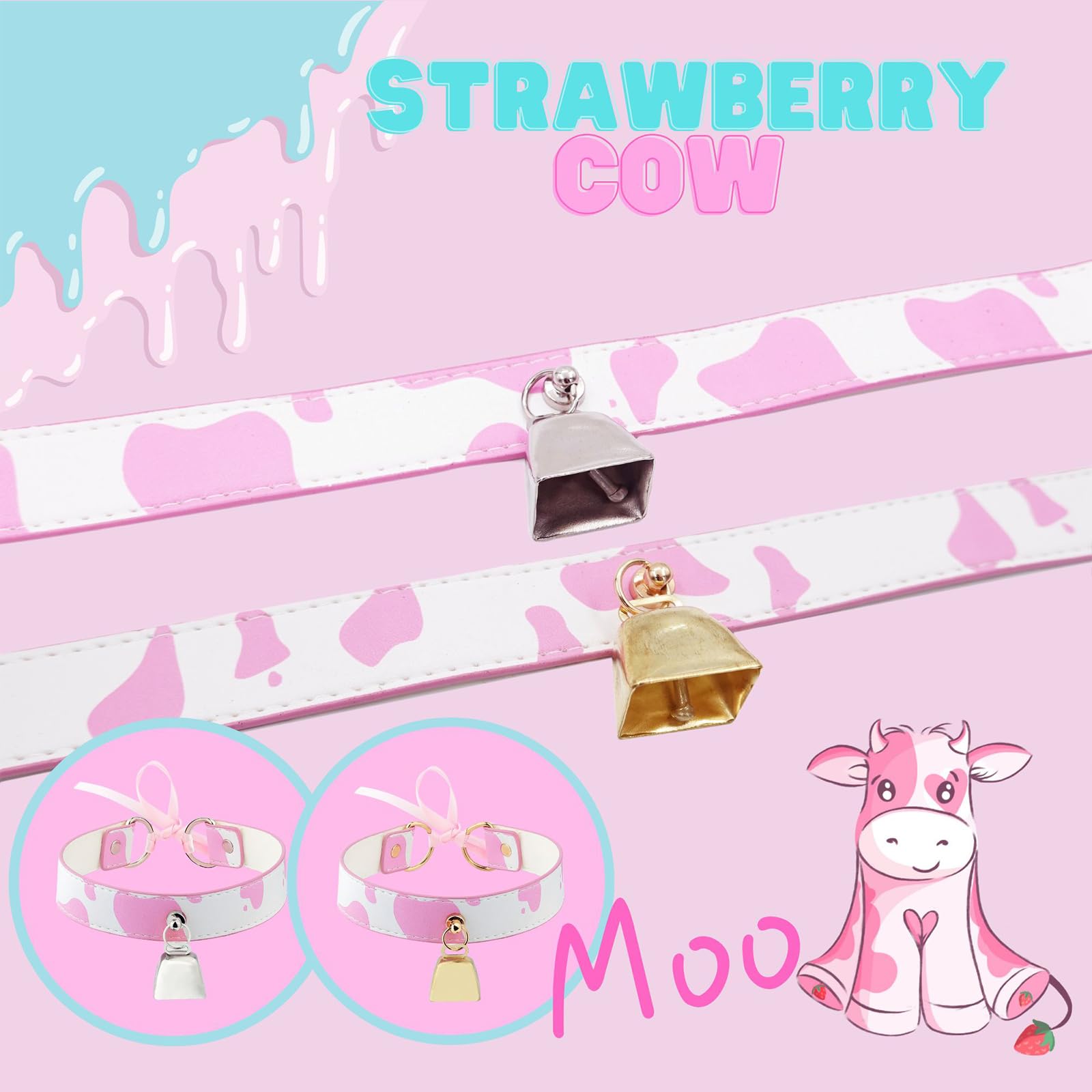 paloli Basic Cow Print Bell Collar Choker Necklace for women: Pink Silver Bell
