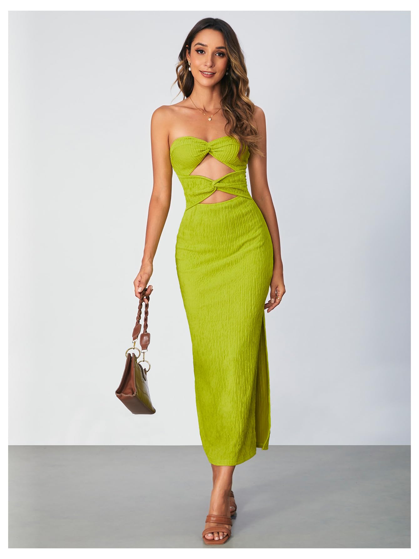 SOLY HUX Women's Twist Front Cut Out Split Hem Strapless Tube Dress Bodycon Long Dress: Large Solid Green