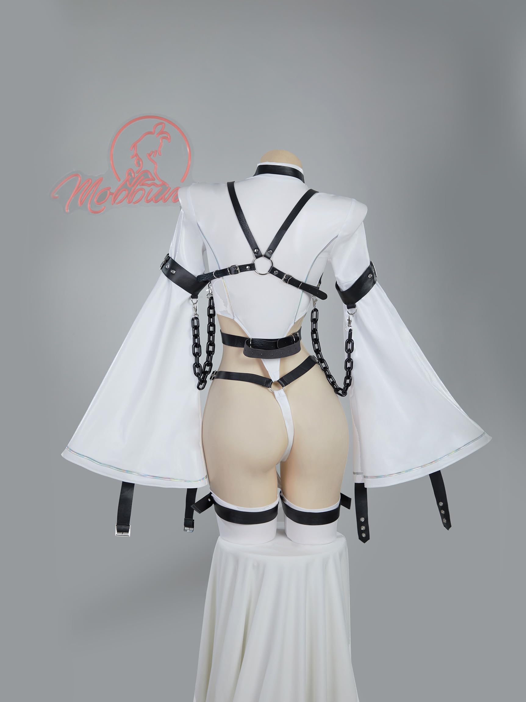 Mobbunny Women Anime Cosplay Costume Sexy Bodysuit Halloween Cutout Strap Jumpsuit With Stocking and Arm Ring: Small White