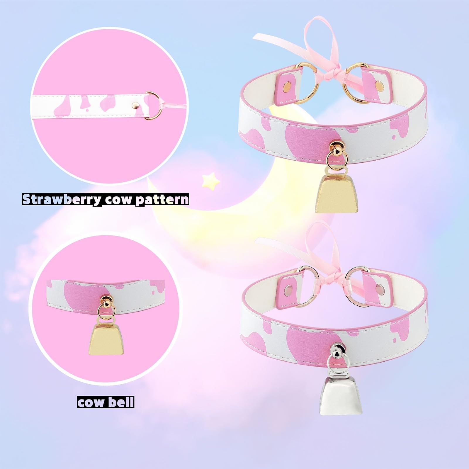 paloli Basic Cow Print Bell Collar Choker Necklace for women: Pink Silver Bell