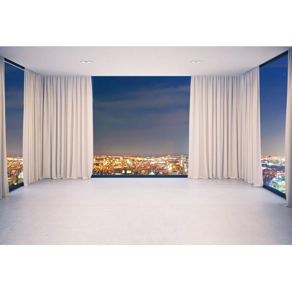 Haoyiyi 10x6.5ft Modern Interior Backdrop Night City View Background French Windows White Room Curtains Photography Photo Vintage Elegant Indoor Decoration Photo Booth Props Wallpaper