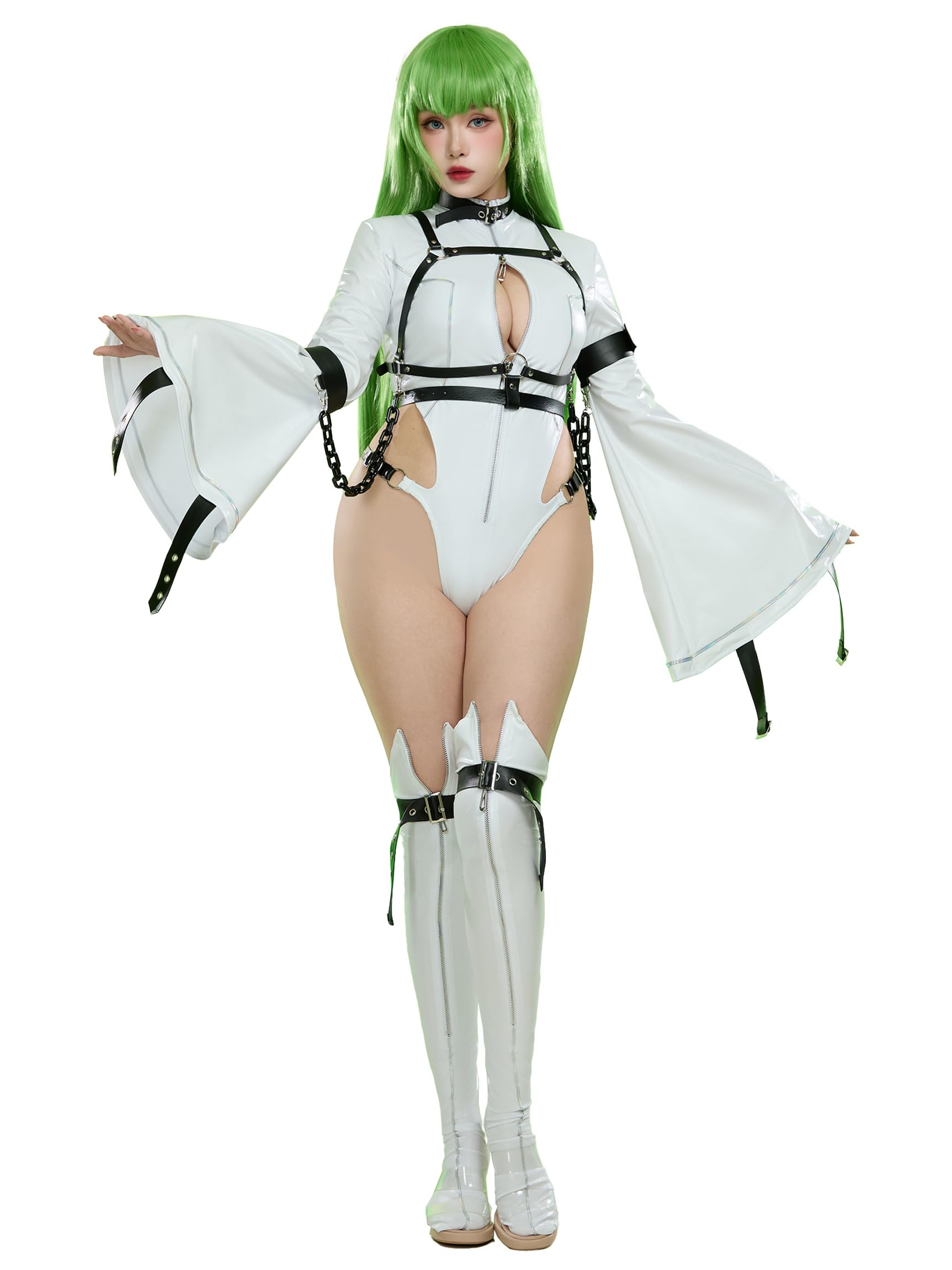 Mobbunny Women Anime Cosplay Costume Sexy Bodysuit Halloween Cutout Strap Jumpsuit With Stocking and Arm Ring: Small White