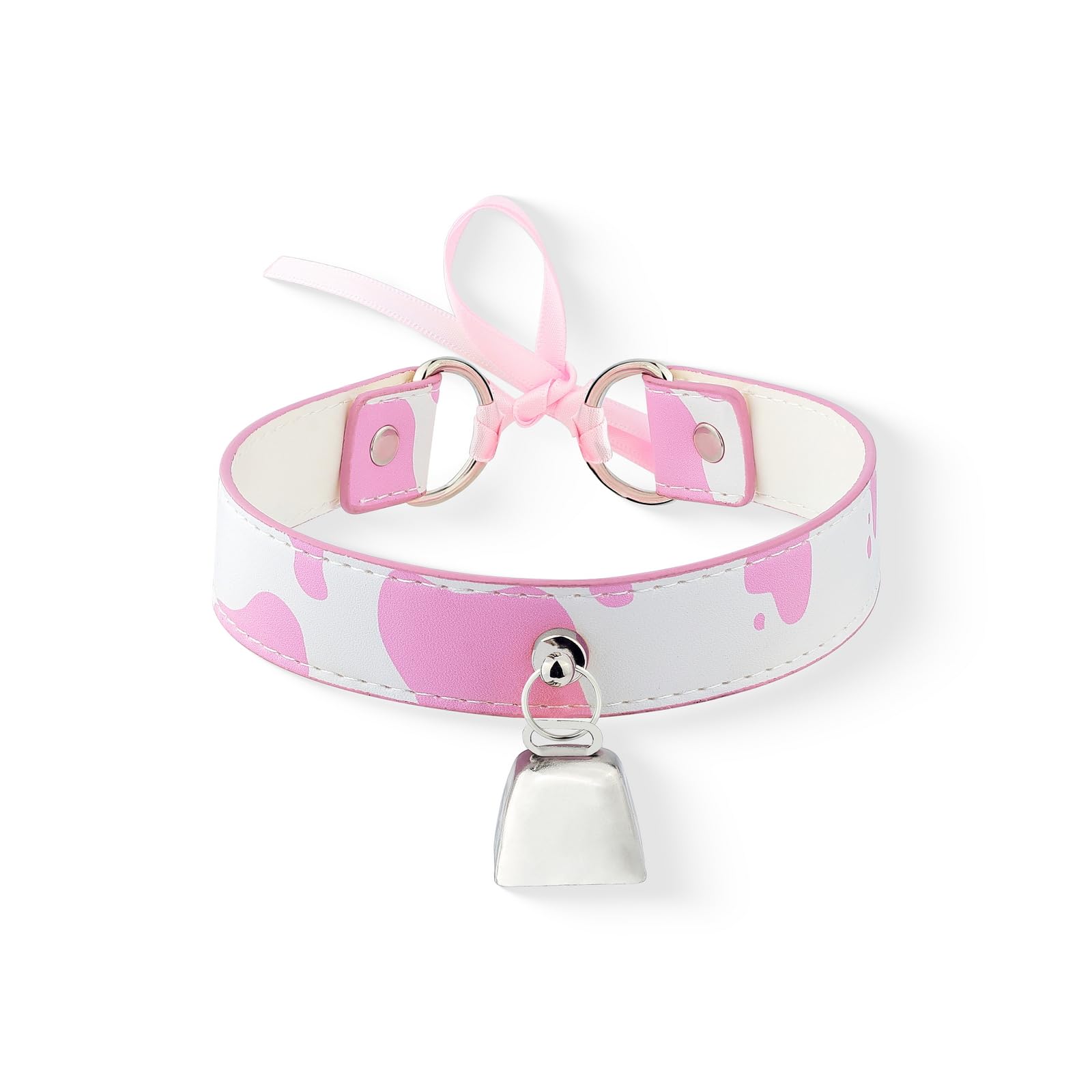 paloli Basic Cow Print Bell Collar Choker Necklace for women: Pink Silver Bell