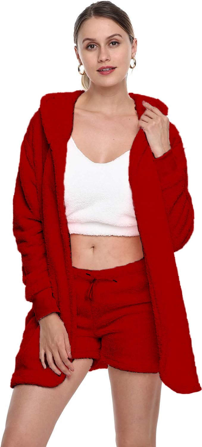 VNVNE Womens Sexy Fuzzy Warm Sherpa Fleece 3 Piece Outfit Fleece Coat Jacket Outwear and Spaghetti Strap Crop Top Shorts Set: Large Red
