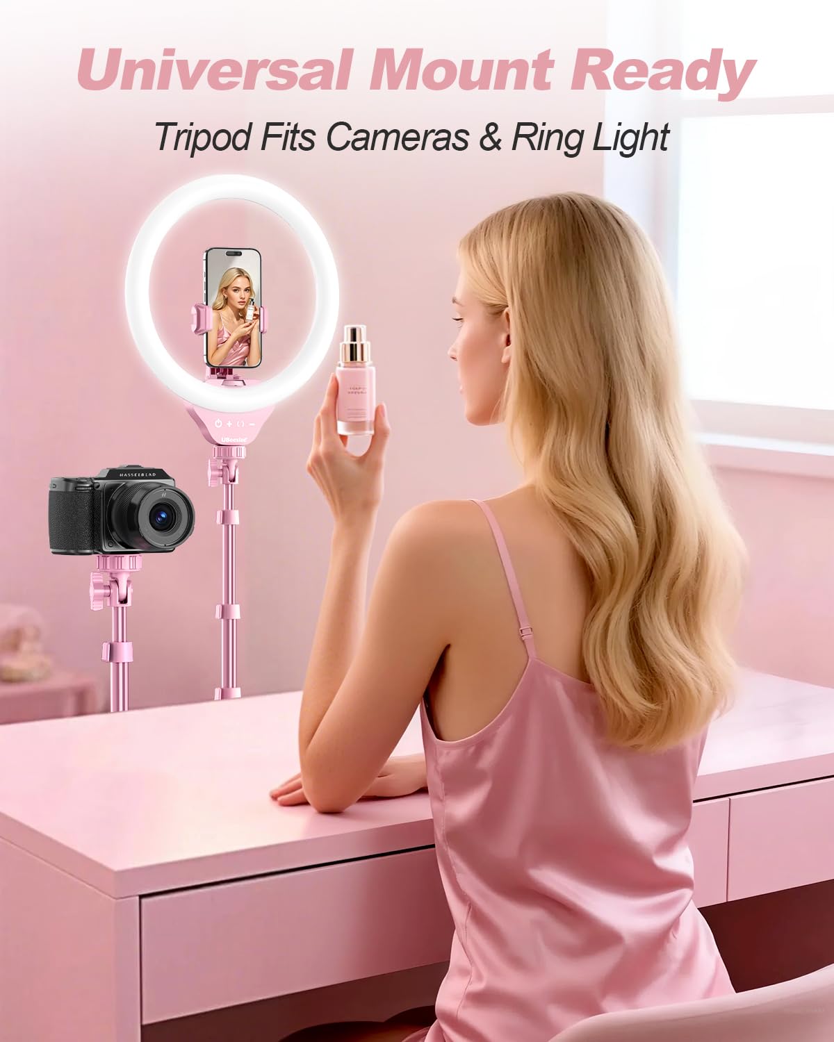 UBeesize 12'' Selfie Ring Light with 62’’ Tripod Stand for Video Recording, Live Streaming(YouTube, Instagram, TIK Tok), Compatible with Phones, Cameras and Webcams: 12in-standard Pink