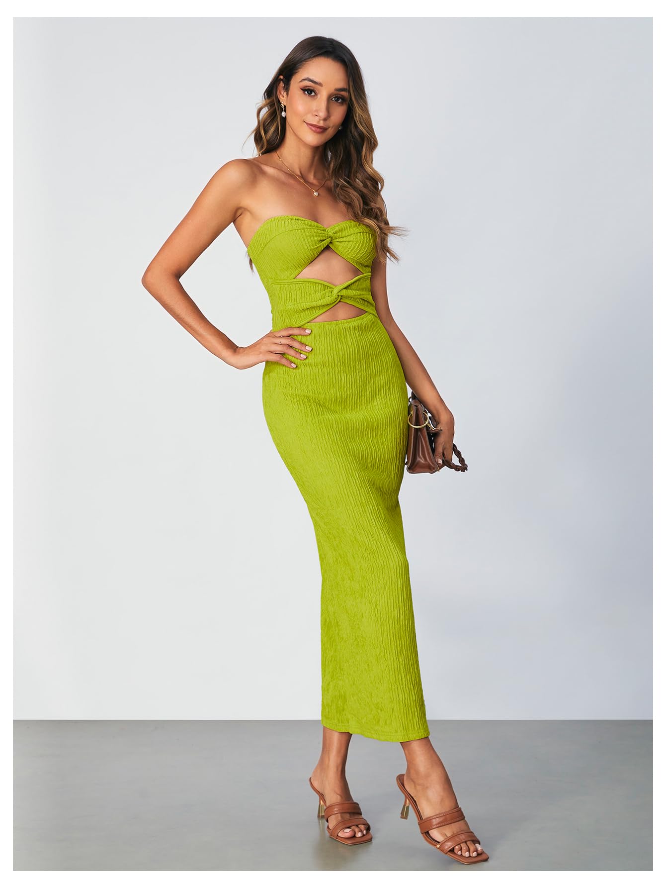 SOLY HUX Women's Twist Front Cut Out Split Hem Strapless Tube Dress Bodycon Long Dress: Large Solid Green