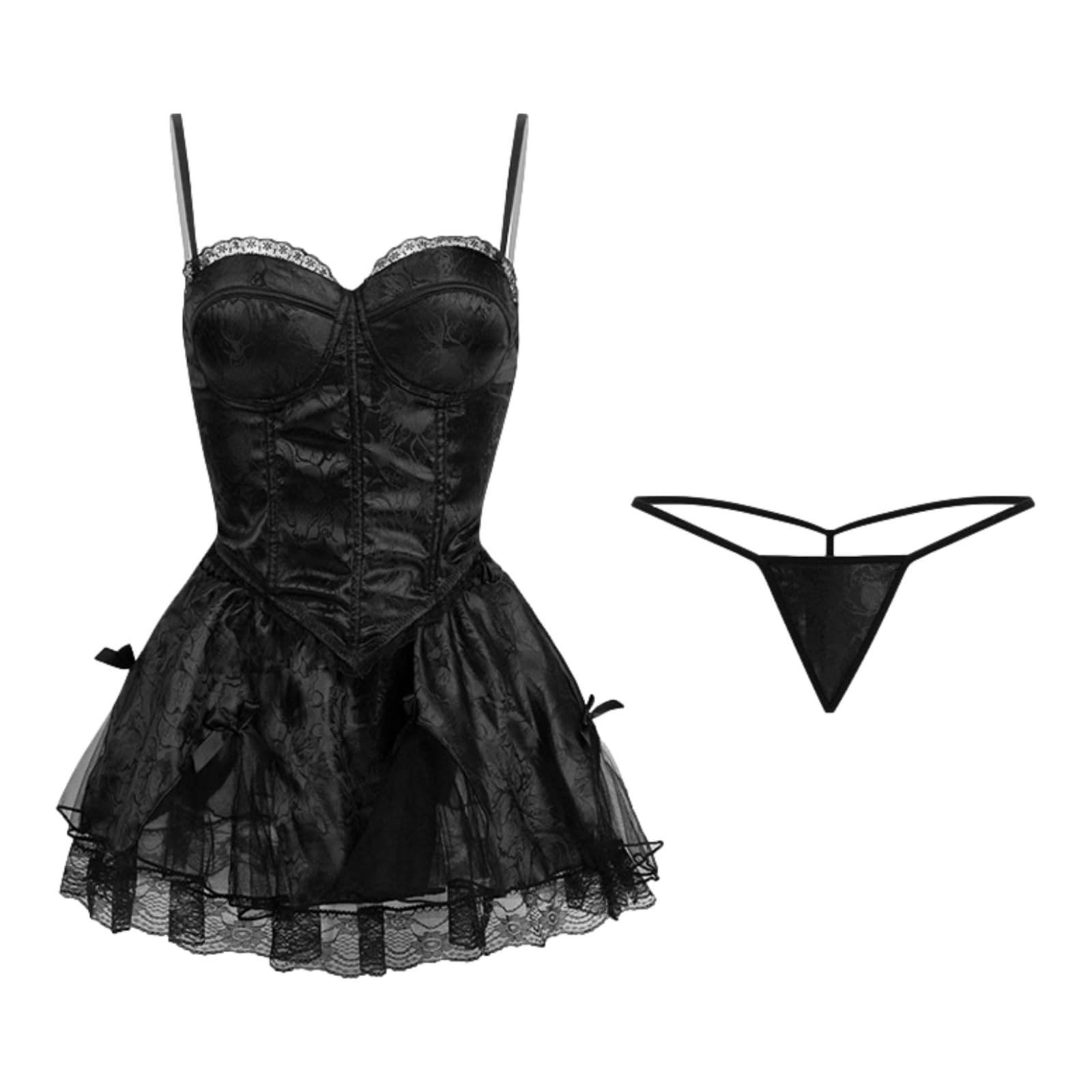 Jilneed Lace Lingerie with Push Up Steampunk Corset Set Punk Rocker Costume Women Boudoir Outfits Goth Bustier with Skirt: Large Black