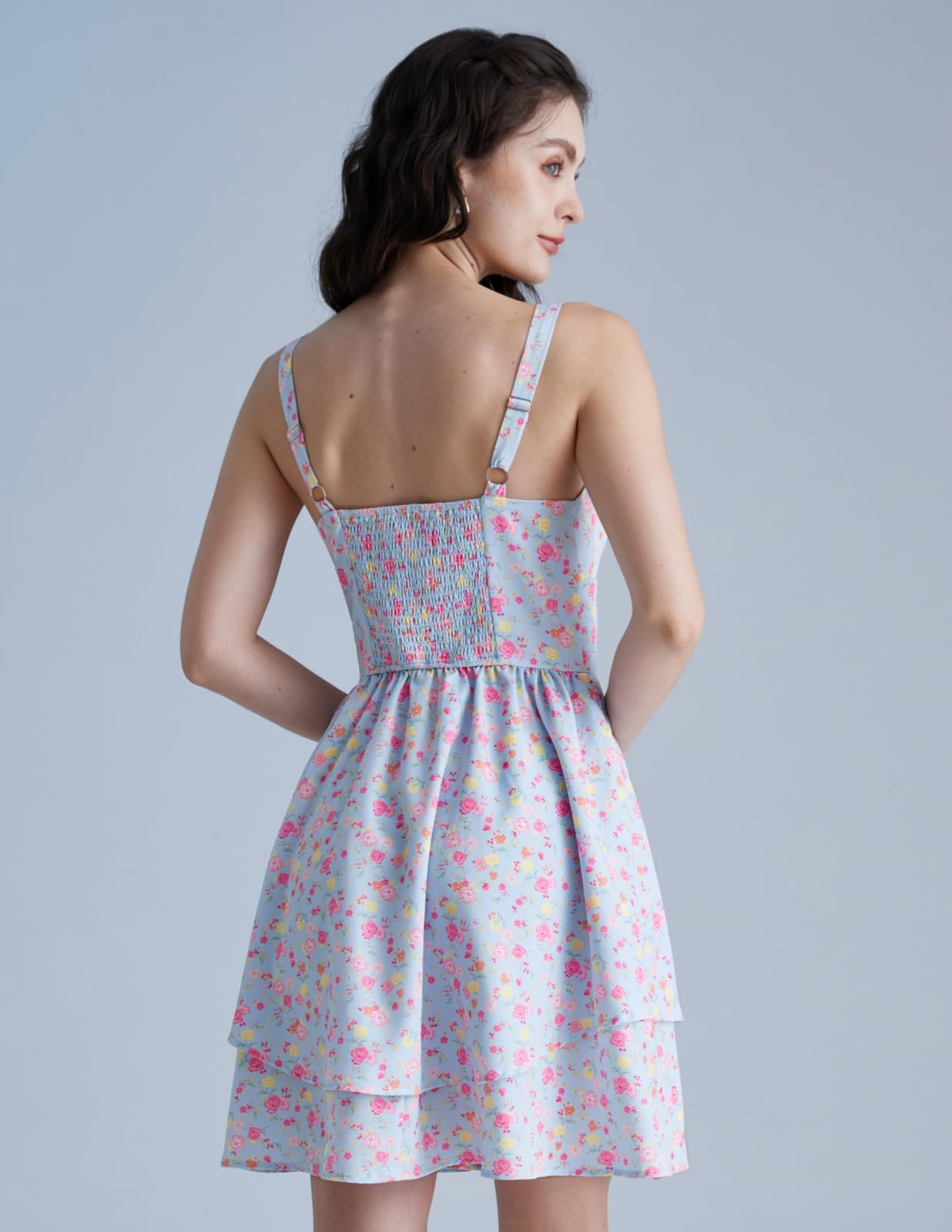 Scarlet Darkness Floral Corset Dress for Women Ruffle Mini Dress Summer Sundress: Large Blue Pink Floral