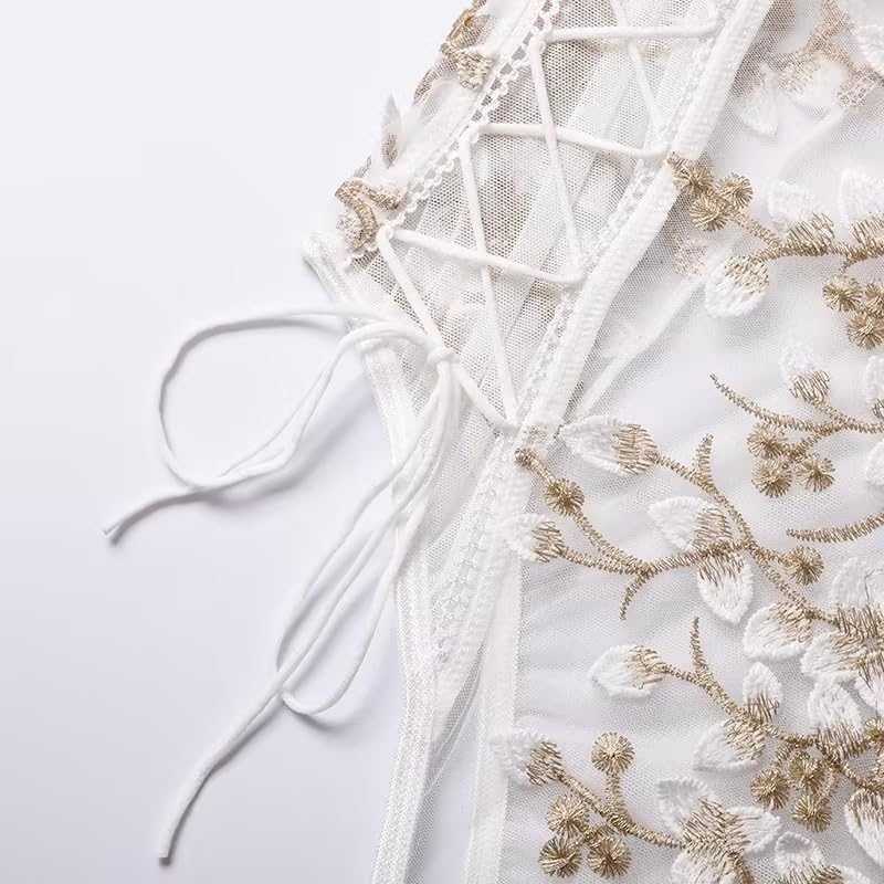 Lilosy Women Sexy Lace Up Floral Embroidered Teddy Lingerie Bodysuit Top Mesh Sheer One Piece: Small White