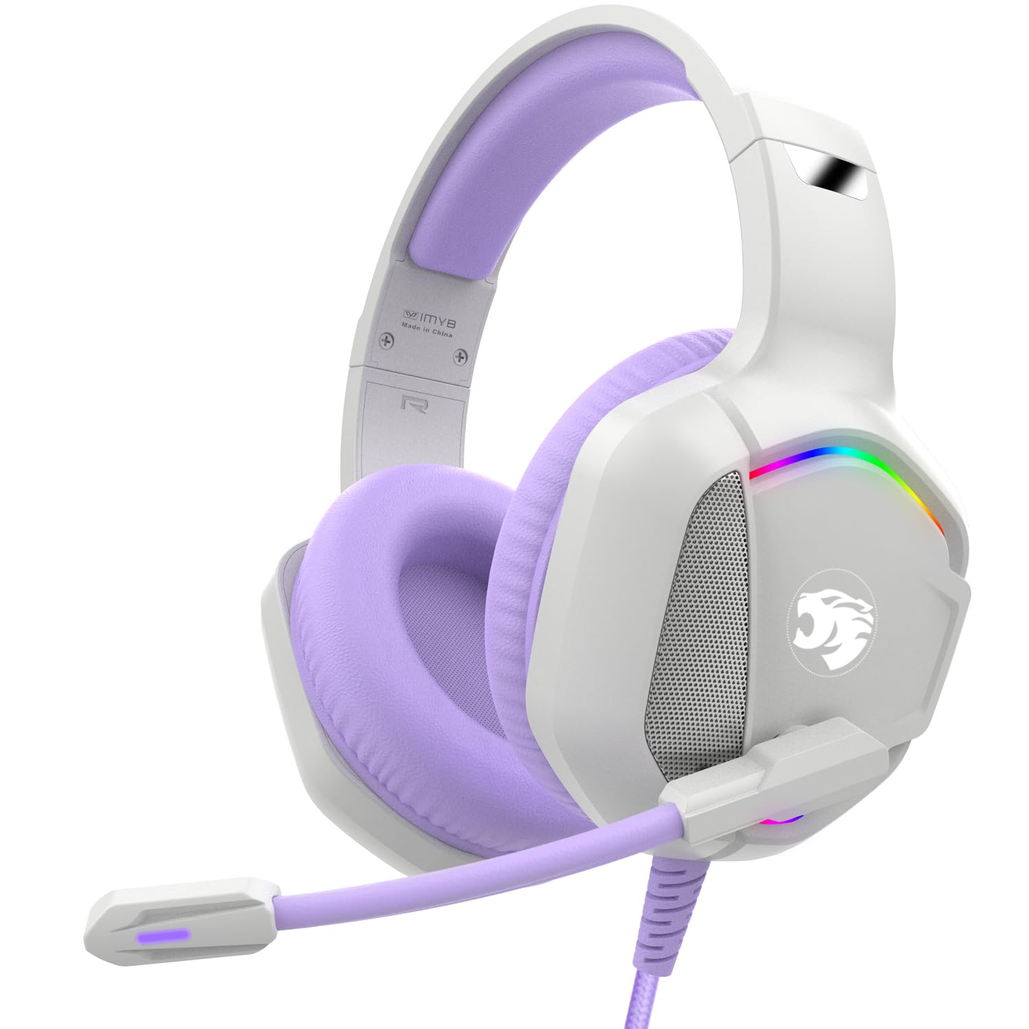 Gaming Headset with Microphone for Pc, Xbox One Series X/s, Ps4, Ps5, Switch, Stereo Wired Noise Cancelling Over-Ear Headphones with Mic, RGB, for Computer, Laptop, Mac, Nintendo (White Purple)