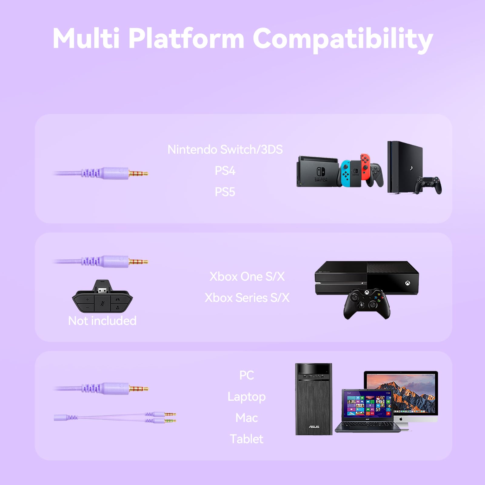 Gaming Headset with Microphone for Pc, Xbox One Series X/s, Ps4, Ps5, Switch, Stereo Wired Noise Cancelling Over-Ear Headphones with Mic, RGB, for Computer, Laptop, Mac, Nintendo (White Purple)