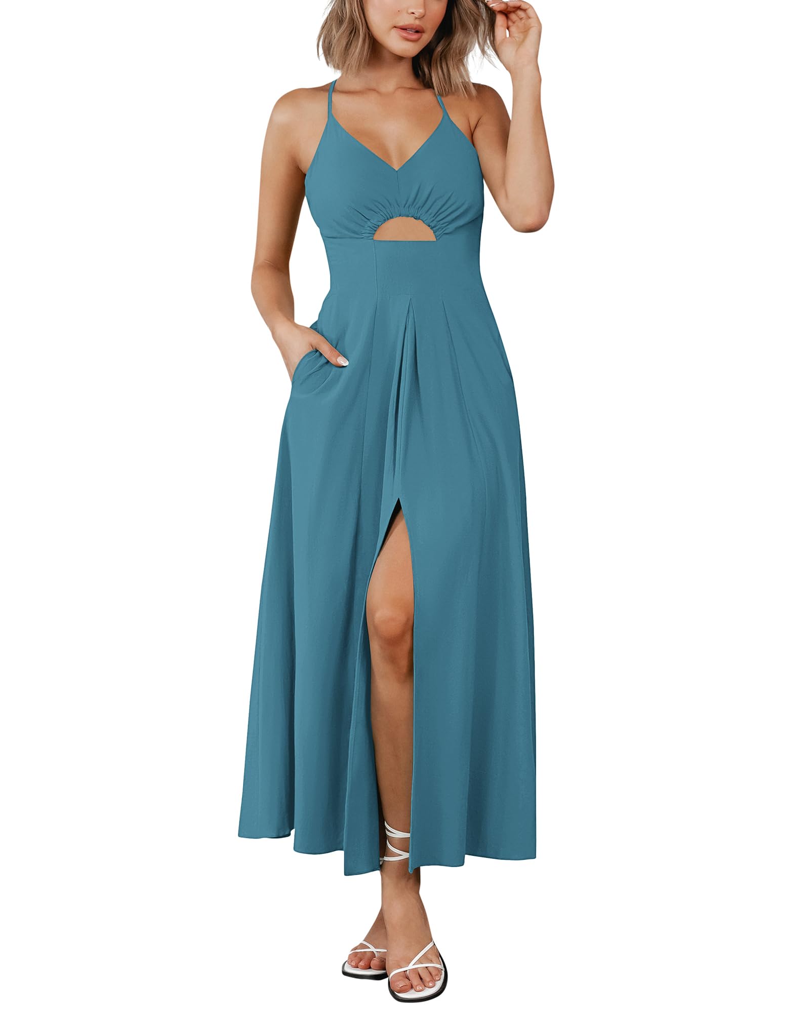 BTFBM Spaghetti Strap V Neck Midi Dress Maxi Dresses, Cutout Slit Casual