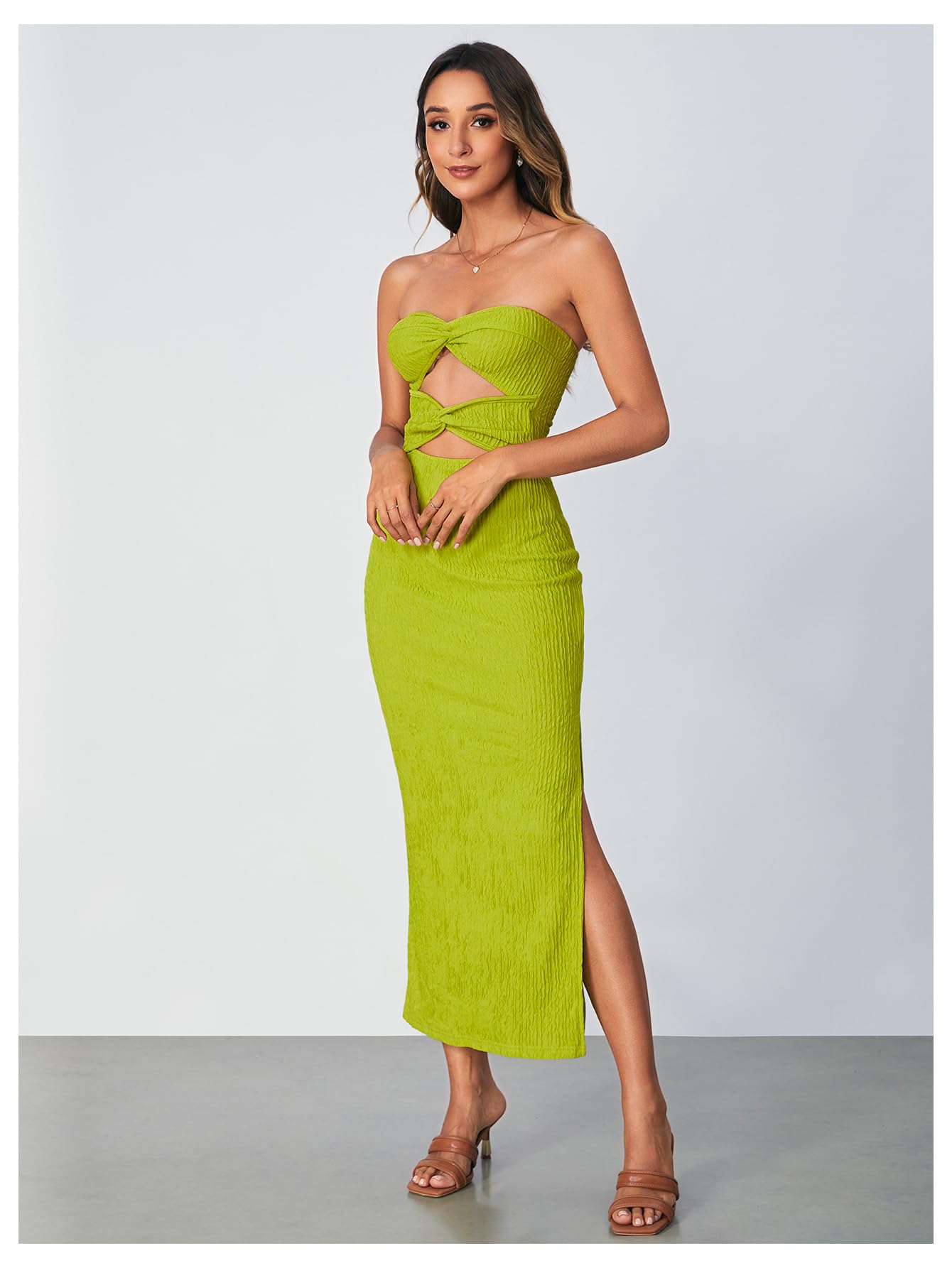 SOLY HUX Women's Twist Front Cut Out Split Hem Strapless Tube Dress Bodycon Long Dress: Large Solid Green