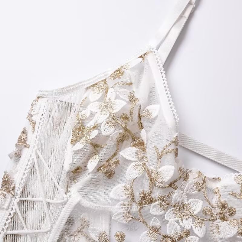 Lilosy Women Sexy Lace Up Floral Embroidered Teddy Lingerie Bodysuit Top Mesh Sheer One Piece: Small White