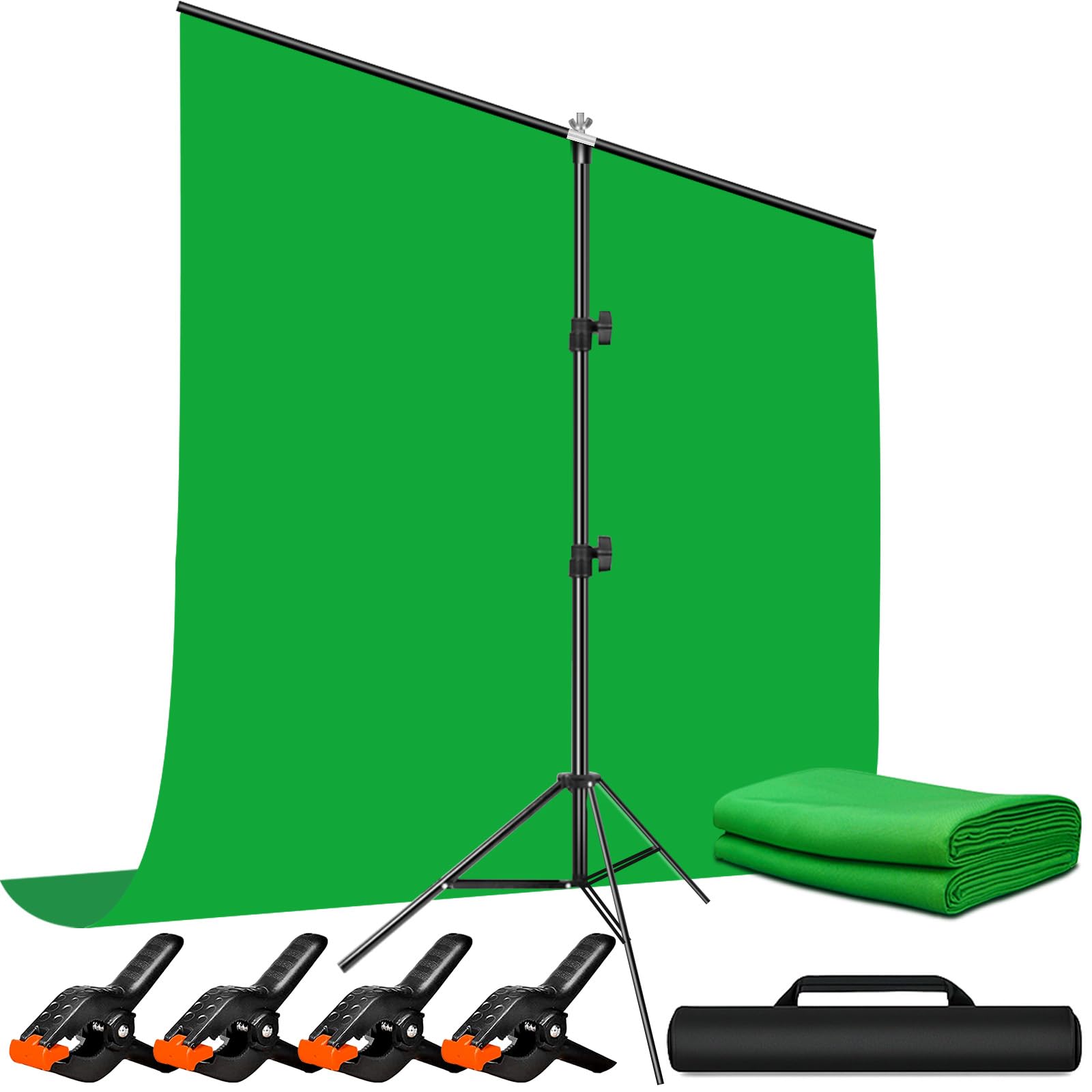 5X6.5ft Green Screen Backdrop with Stand Height Adjusted, Washable, Ironable Green Screen with T-Shape Background Stand Kit with Carrying Bag & Clamps for Streaming, Video, Zooming, Gaming