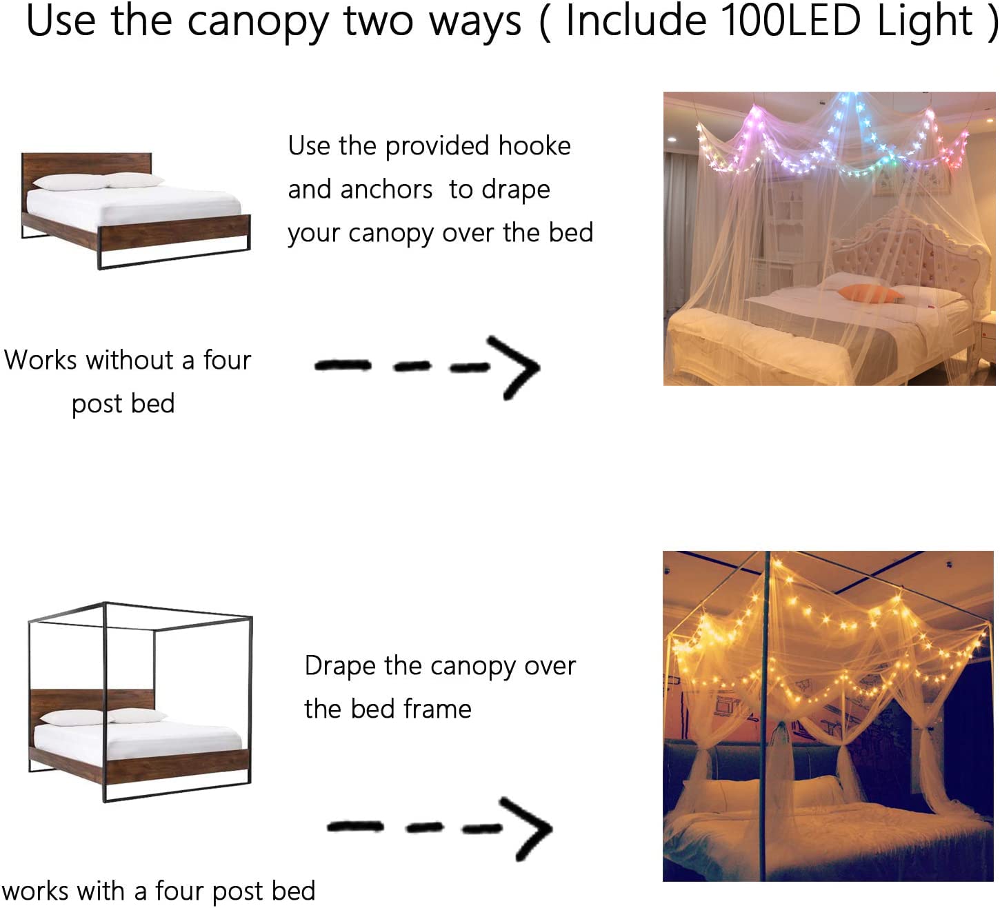 Bed Canopy with LED Star Lights, Canopy Bed Curtain with RGB Color Changing String Lights with Smart App Control Remote for Princess Girls Bedroom, Suggested for Twin Full Queen King Bed: Rgb White