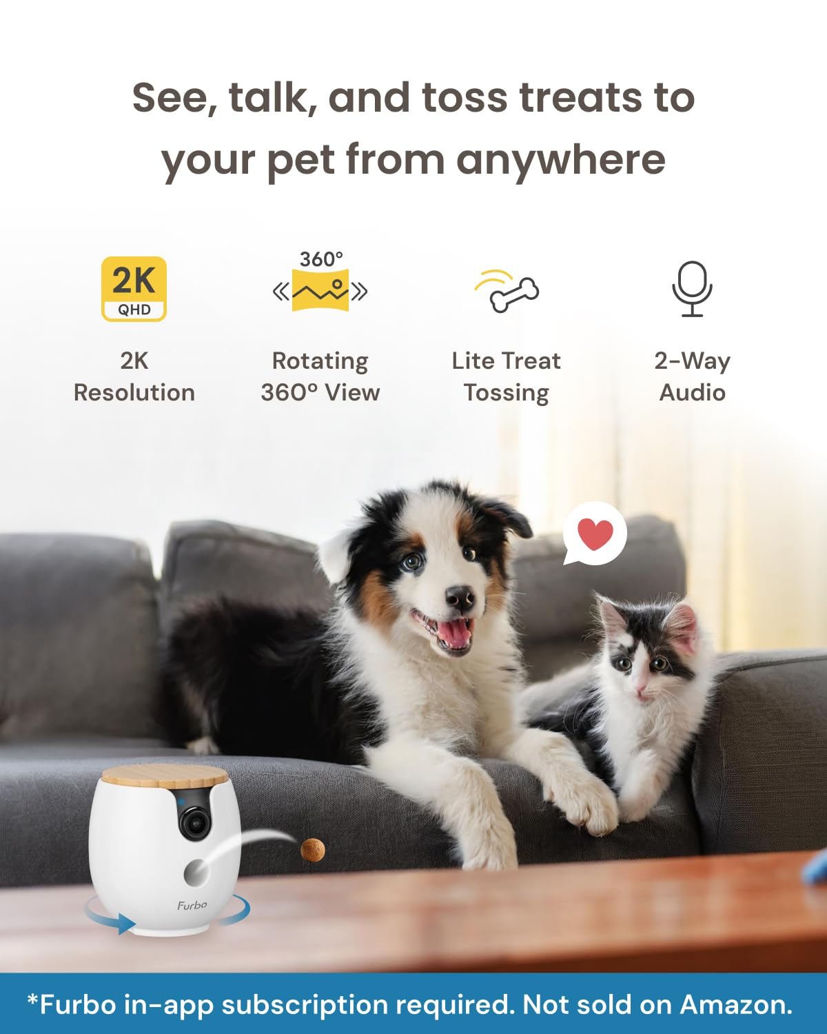 Furbo 360° Dog Camera - Unlock with Paid Plan: Home Security & Dog Safety Alerts, Rotating Pet Treat Dispenser w/ 2-Way Speaker, Smart Indoor Cam w/Phone App (3mo Minimum Subscription Required)