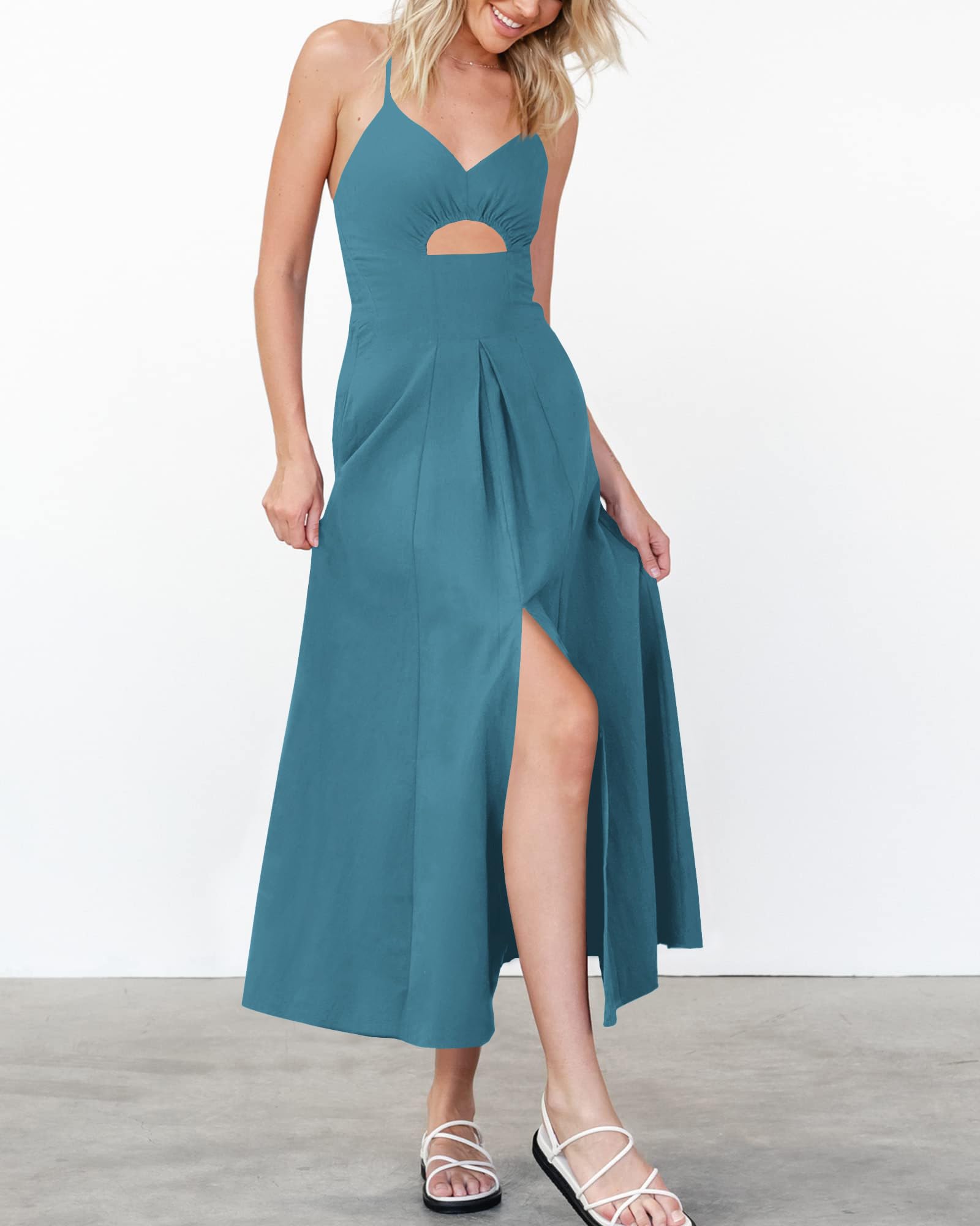 BTFBM Spaghetti Strap V Neck Midi Dress Maxi Dresses, Cutout Slit Casual