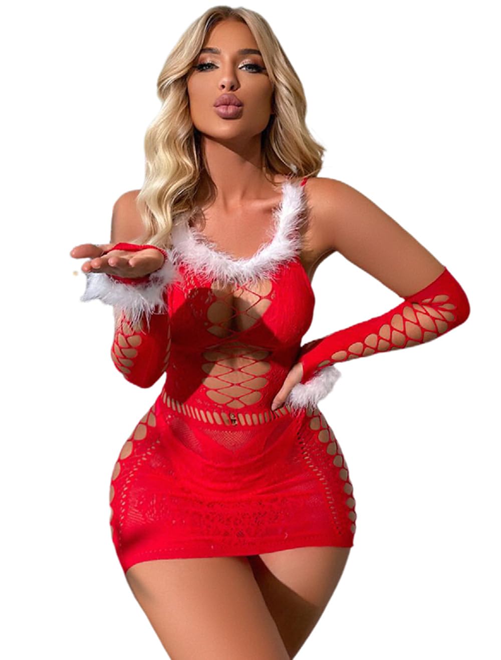 Vorifun Sexy Womens Strapless Fishnet Lingerie Sleepwear Mini Dress Tube Chemise Bodysuit One Size: Christmas Red