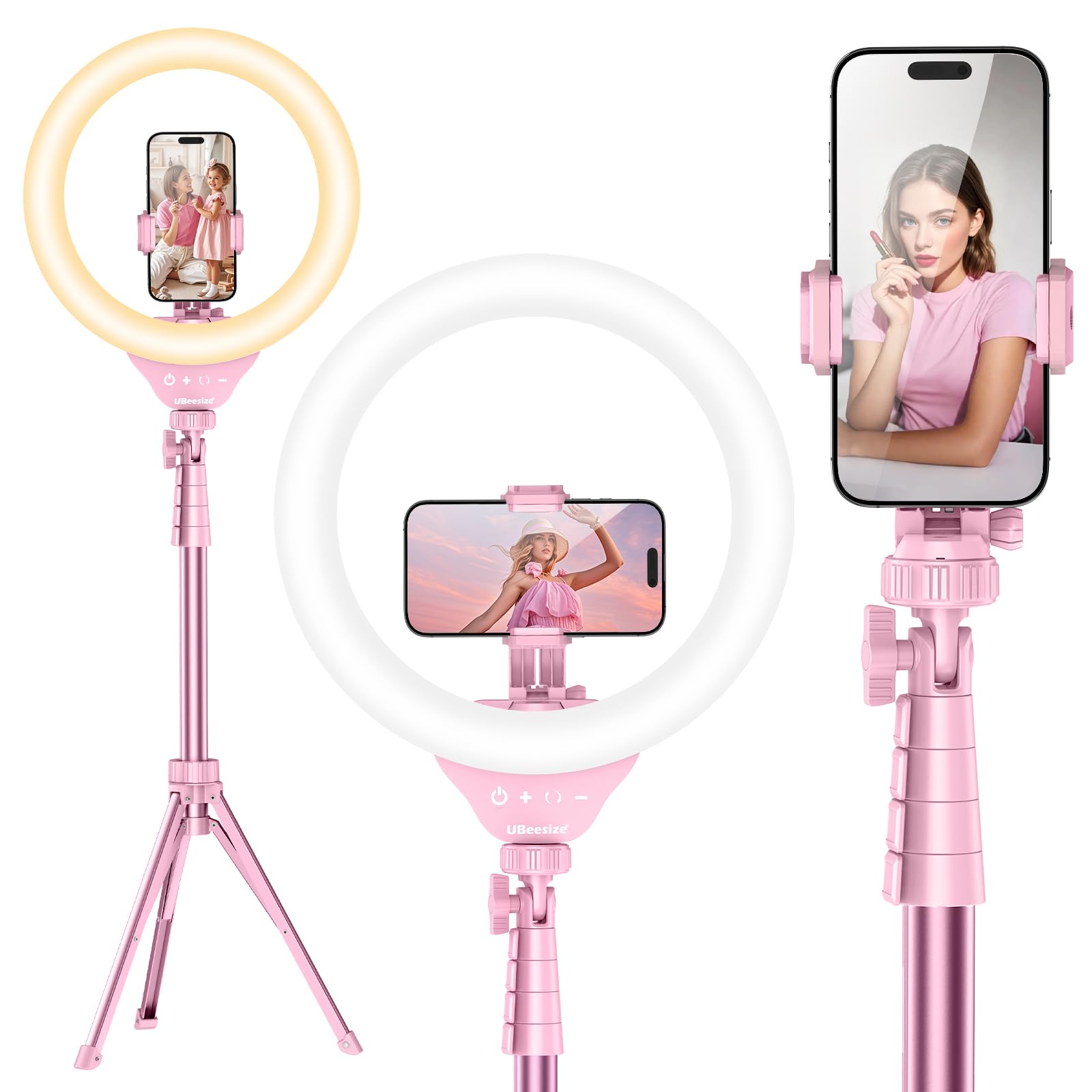 UBeesize 12'' Selfie Ring Light with 62’’ Tripod Stand for Video Recording, Live Streaming(YouTube, Instagram, TIK Tok), Compatible with Phones, Cameras and Webcams: 12in-standard Pink