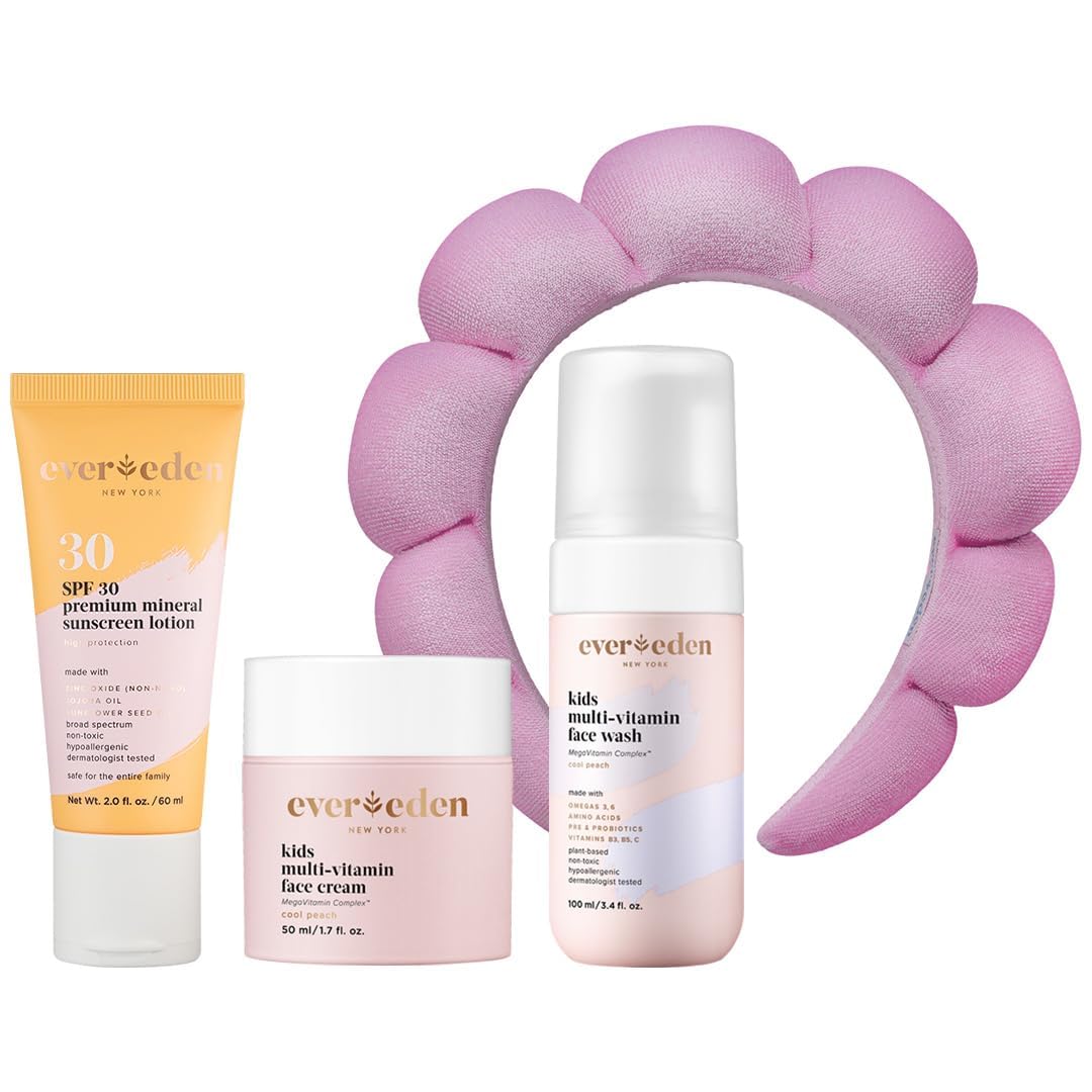 Evereden Daily 1-2-3 Routine Bundle: Clean & Vegan Skin Care Set for Kids - Hydrating & Nourishing Tween Skincare Set with Multi-Vitamin Face Wash, Face Cream, Lotion, & SPF 30 Mineral Sunscreen