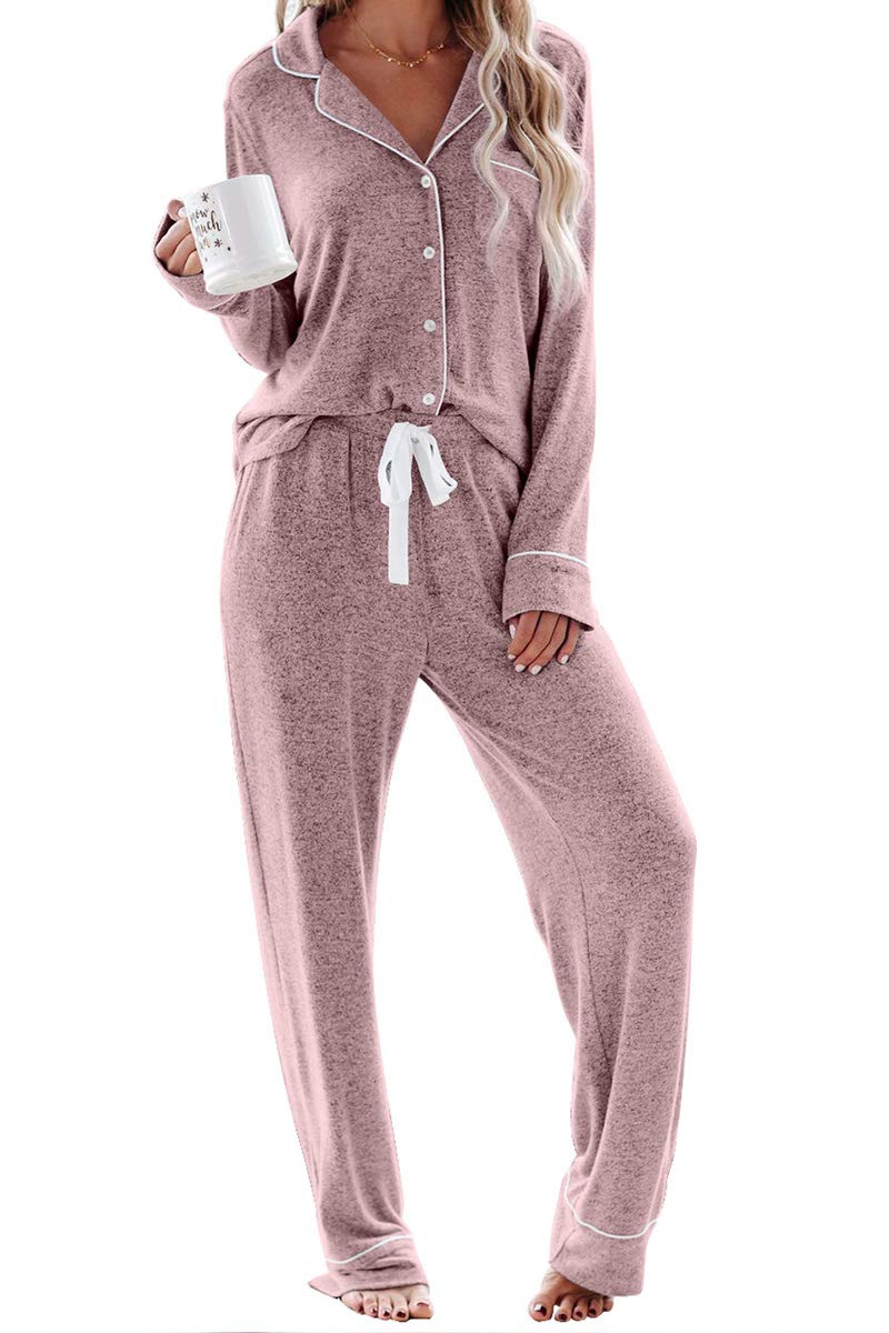 Aamikast Women's Pajama Sets Long Sleeve Button Down Sleepwear Nightwear Soft Pjs Lounge Sets: Pink Small