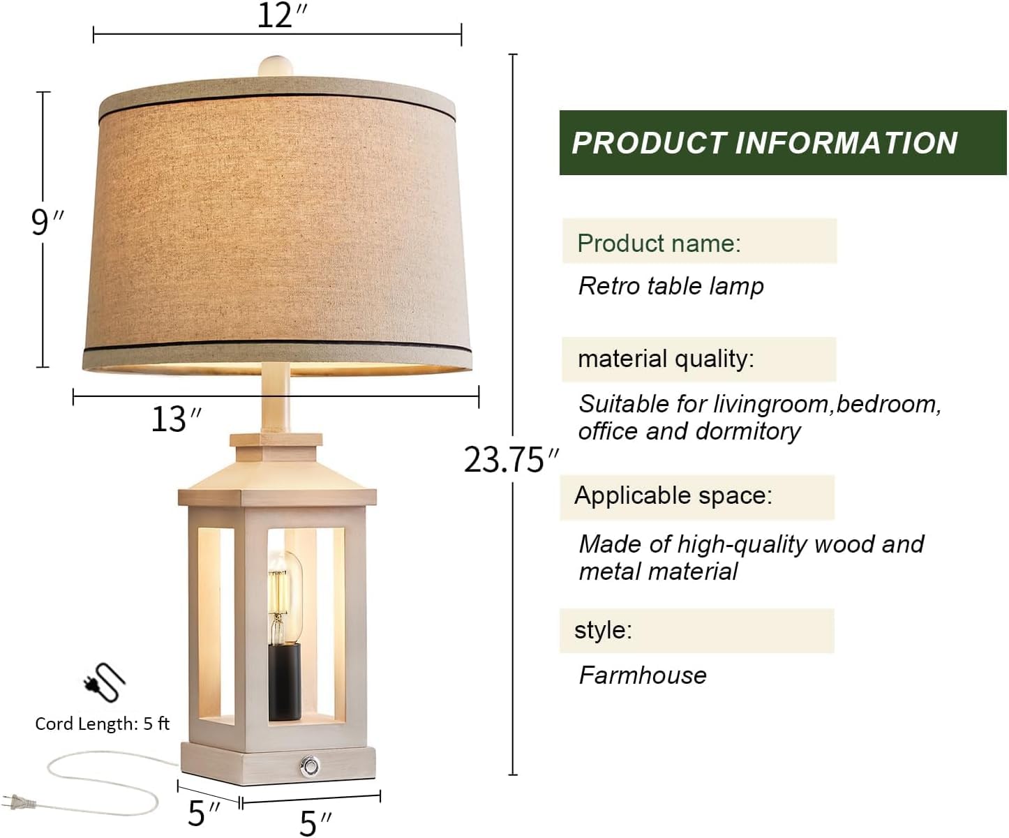 G-SAFAVA 23.75" Retro Farmhouse Black Table Lamp for Living Room Bedroom Nightstand Set of 2 Touch Control Bedside Nightlight Vintage Modern Lamp with USB C+A Ports and 2 Light Sources
