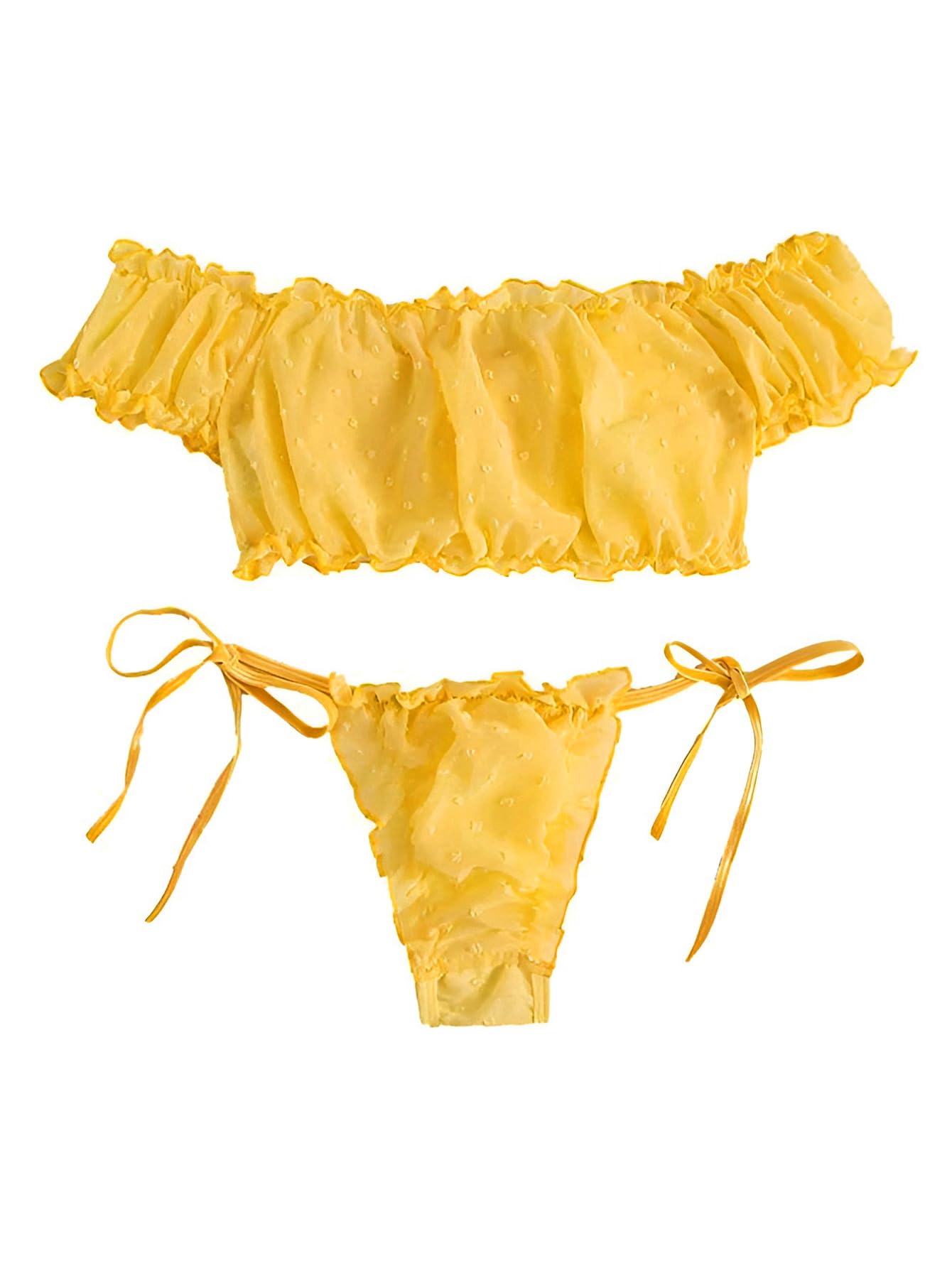 Lilosy Sexy Stretch Ruffle Tie Sheer Mesh Lingerie Set Outfits: Large Chiffon Yellow