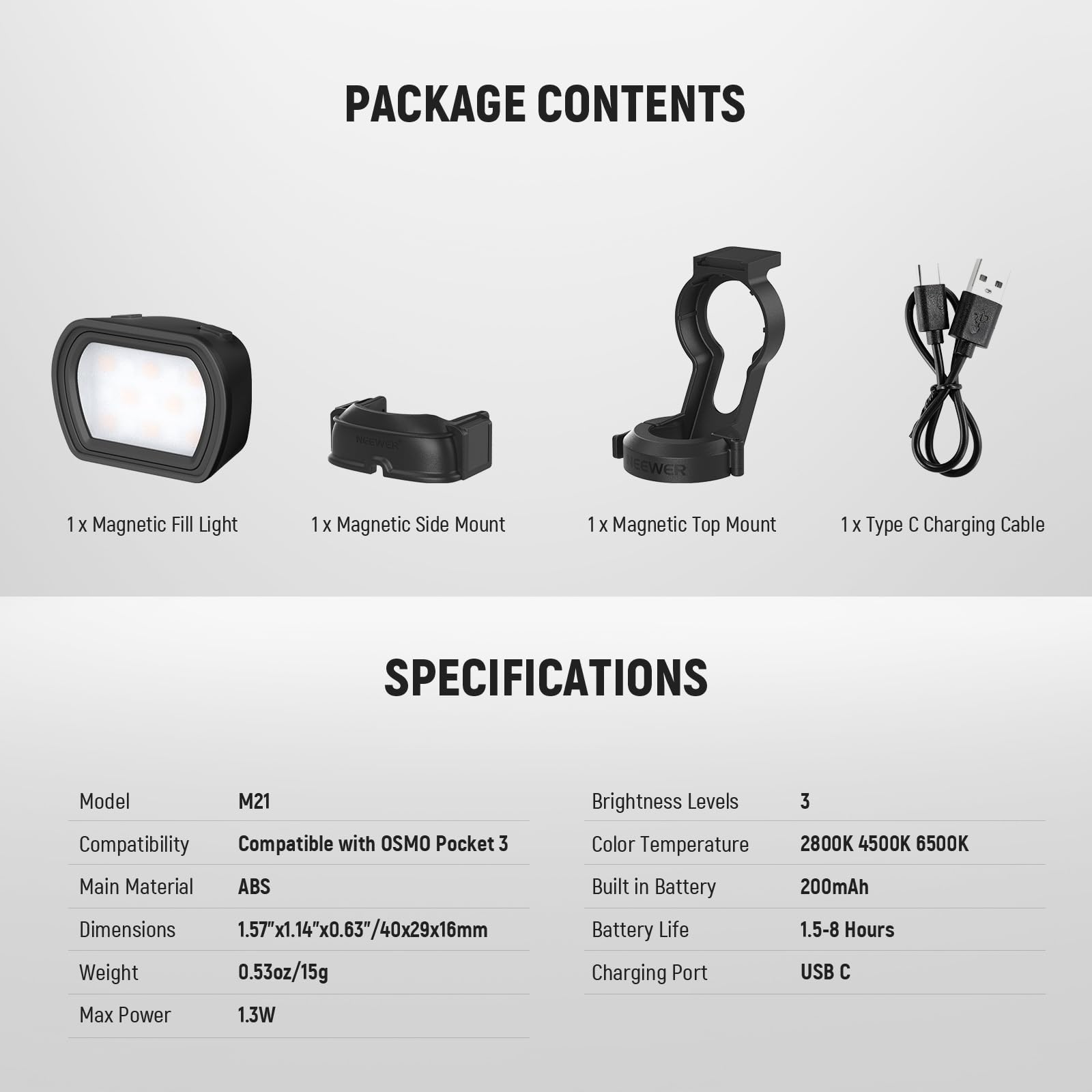 NEEWER Basics Magnetic Auxiliary Light Compatible with DJI OSMO Pocket 3 Gimbal Cam Creator Combo, 1.3W USB C Rechargeable Plastic Mini LED Fill Light Attachment for Selfie Vlog Video Recording, M21