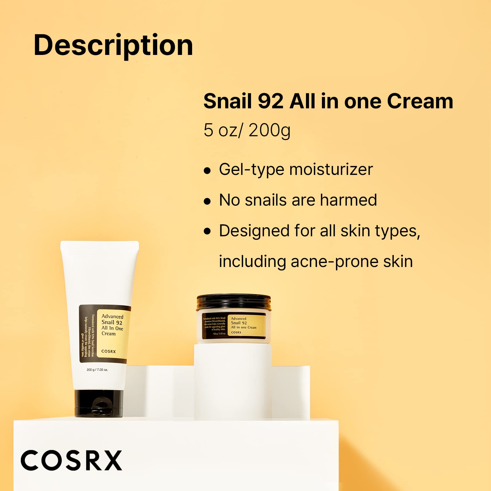COSRX Snail Mucin 92% Moisturizer, Daily Repair Face Gel Cream Tube Type for Dry, Sensitive Skin, Not Tested on Animals, No Parabens, No Sulfates, No Phthalates, Korean Skin Care (3.52 Fl Oz / 100g)