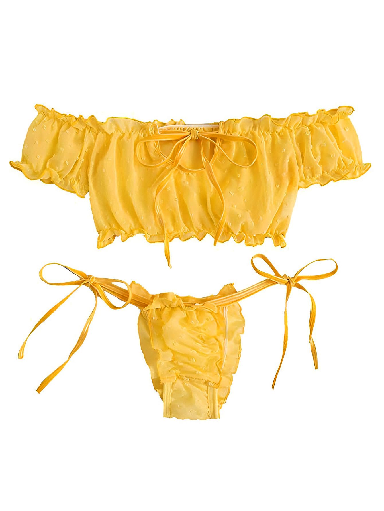 Lilosy Sexy Stretch Ruffle Tie Sheer Mesh Lingerie Set Outfits: Large Chiffon Yellow