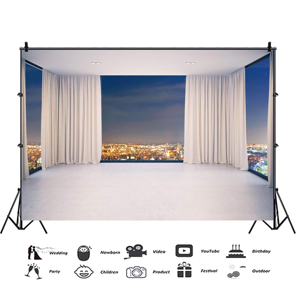 Haoyiyi 10x6.5ft Modern Interior Backdrop Night City View Background French Windows White Room Curtains Photography Photo Vintage Elegant Indoor Decoration Photo Booth Props Wallpaper