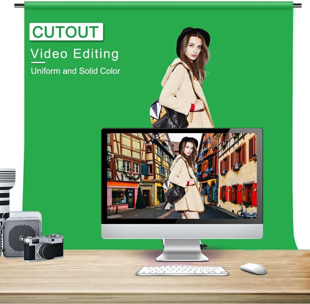 5X6.5ft Green Screen Backdrop with Stand Height Adjusted, Washable, Ironable Green Screen with T-Shape Background Stand Kit with Carrying Bag & Clamps for Streaming, Video, Zooming, Gaming
