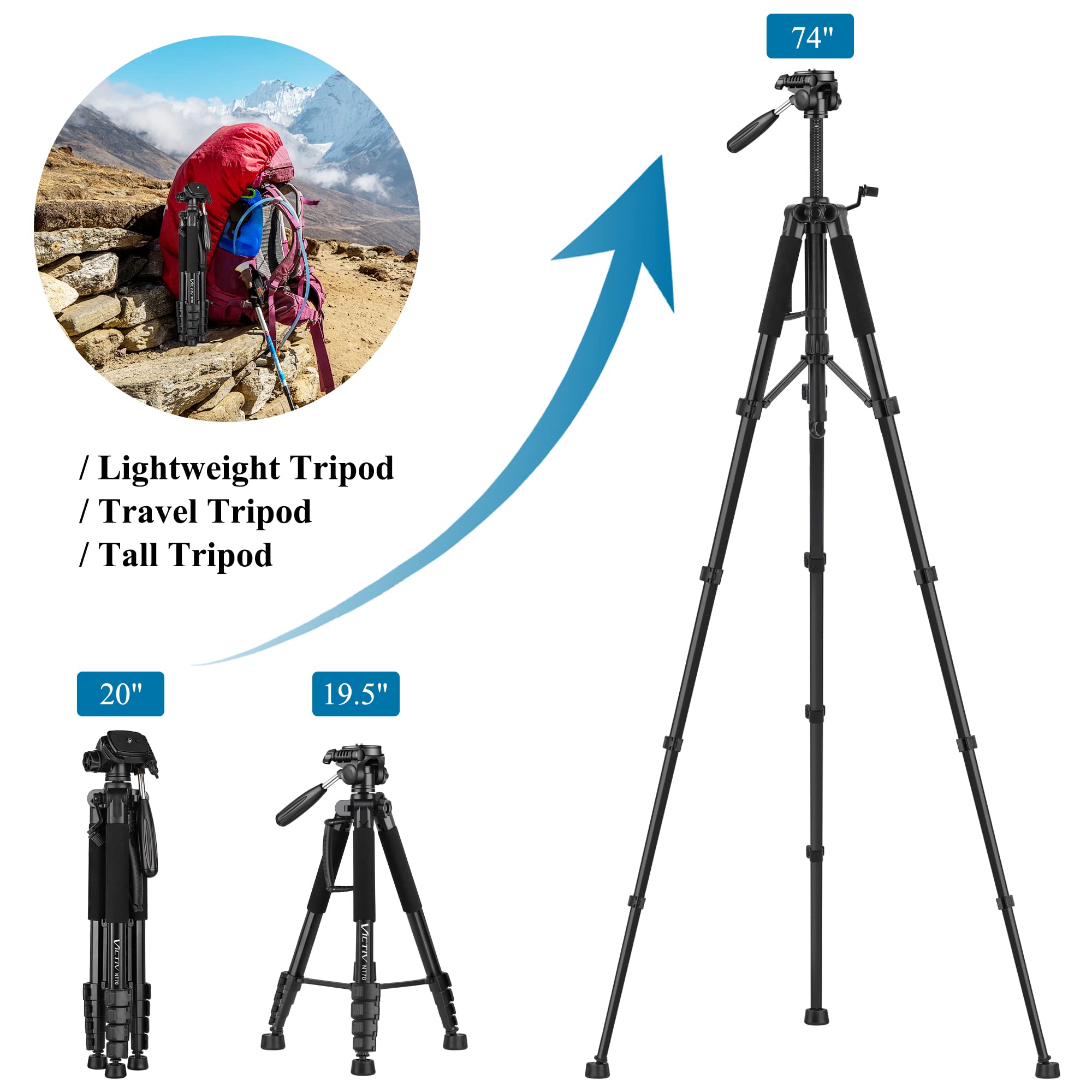 VICTIV 74” Camera Tripod, Tripod for Camera and Phone, Aluminum Professional Tripod Stand for Canon Nikon with Carry Bag and Phone Holder, Compatible with DSLR, iPhone, Spotting Scopes, Max Load 15 Lb