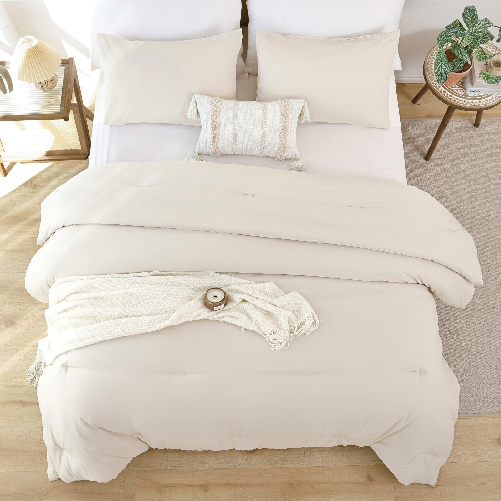 ROSGONIA Queen Comforter Set Oatmeal, 3pcs(1 Boho Oatmeal Comforter & 2 Pillowcases) All Season Soft Bedding Lightweight Bedspread Blanket Quilt: California King Comforter 104"x96" Beige